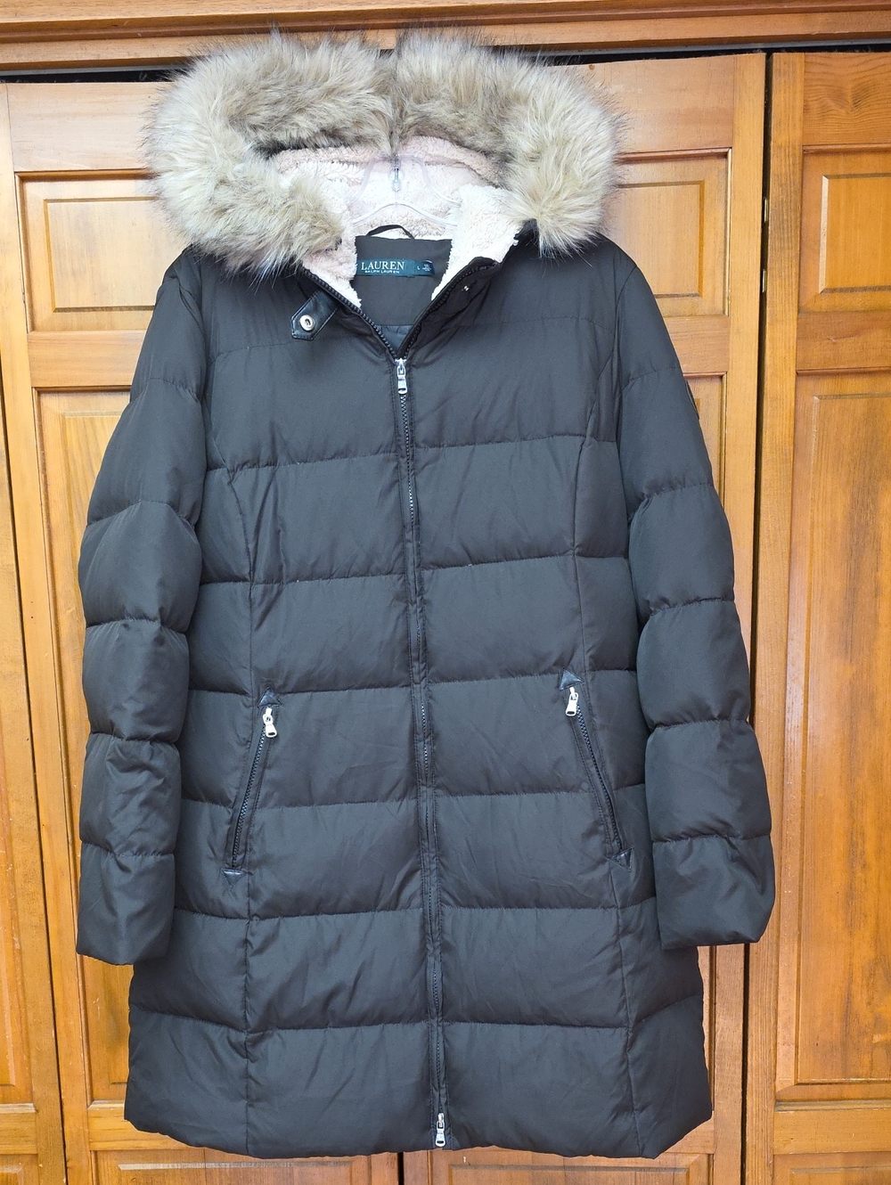 Lauren Ralph Lauren Duck Down Puffer Parka Jacket Faux Fur Hood Black Size LG